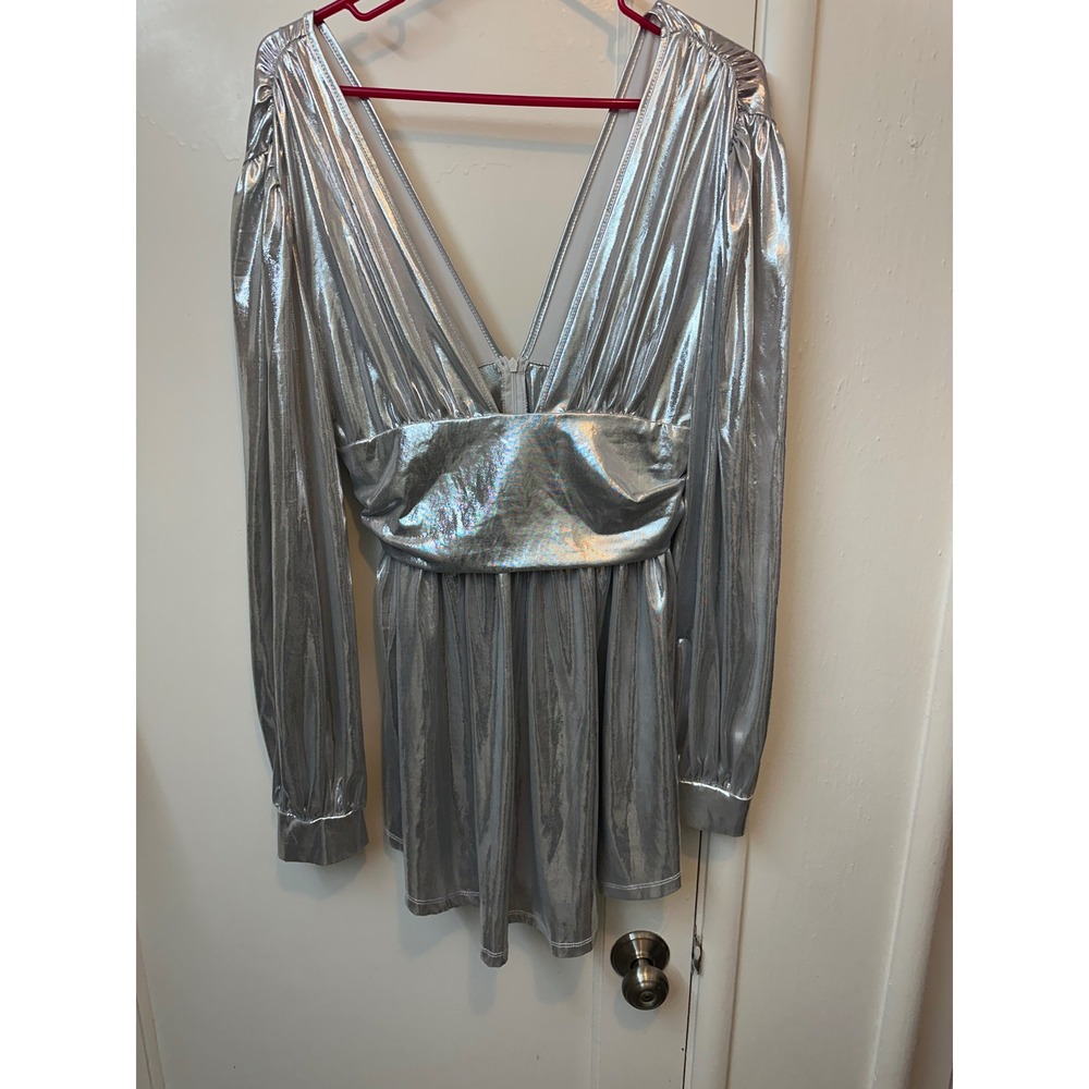 SHEIN SXY Silver Metallic Deep V-Neck Long Sleeve Mini Dress sw220831911414 L